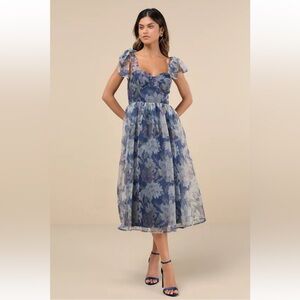 Lulu's Exceptionally Marvelous Blue Floral Organza Bustier Midi Dress